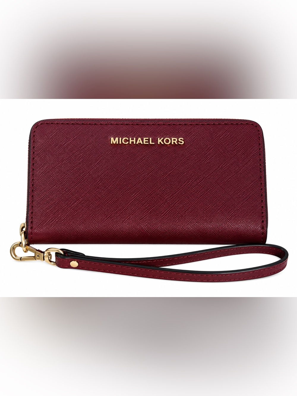 Michael Kors Wine Saffiano Leather Wristlet with Gold Logo